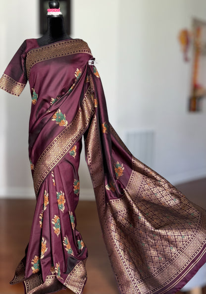 Plum color designer weaved and textured saree with stitched blouse| Value Vogue