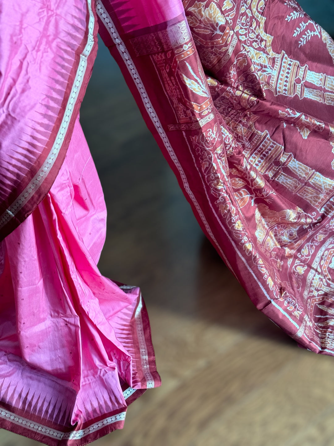 Pink Sambalpuri Ikat Pure Silk Saree with “Triphala” Ikat Pallu and Maroon Border |Odisha Weaves