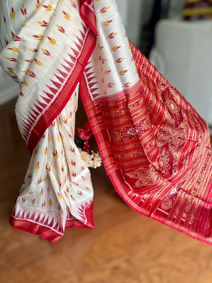 Flower bud design Handwoven Pure Silk ikat Khandua Saree White-Red|Odisha Weaves