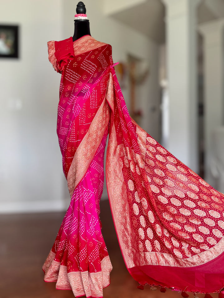 Pink with Red pure khaddi chiffon georgette rai bandhini saree