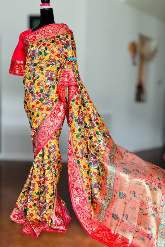 Kalamkari and paithani inspired artificial silk saree with stitched blouse|Value Vogue