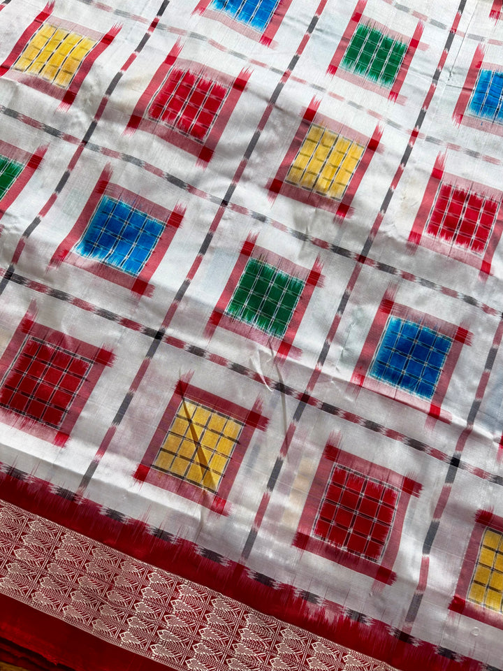 Handwoven White Aswini Sambalpuri Double ikat pure silk saree|Odisha Weaves|