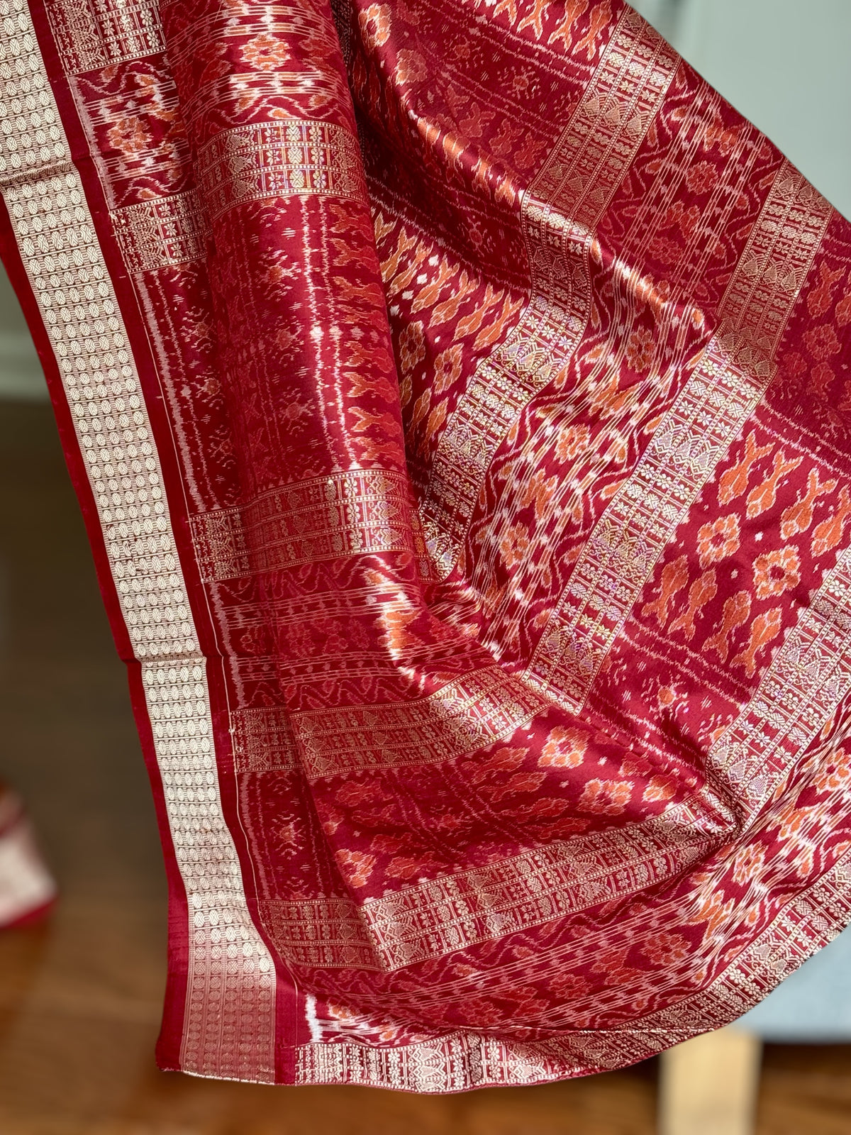 Golden baige and maroon-ish red handwoven Sambalpuri pure Ikkat silk saree | Odisha Weaves