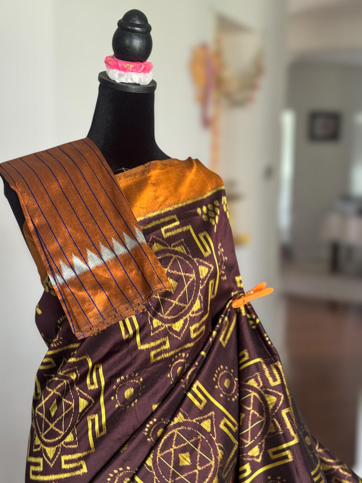 Dark Brown with yellow color handwoven yantra ikat pure silk saree|Odisha Weaves|Contemporary Ikat|