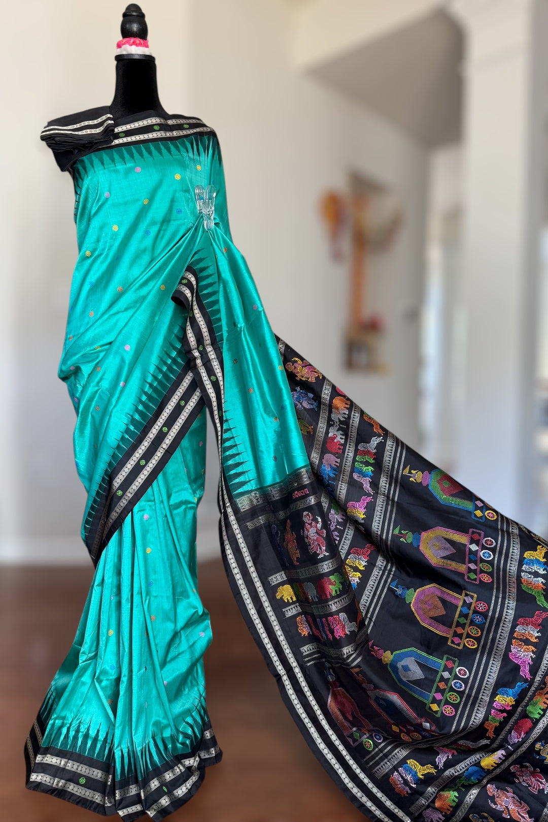 Gorgeous Light Aqua green Nandighosa pure silk saree from Odisha Weaves| Bomkai|