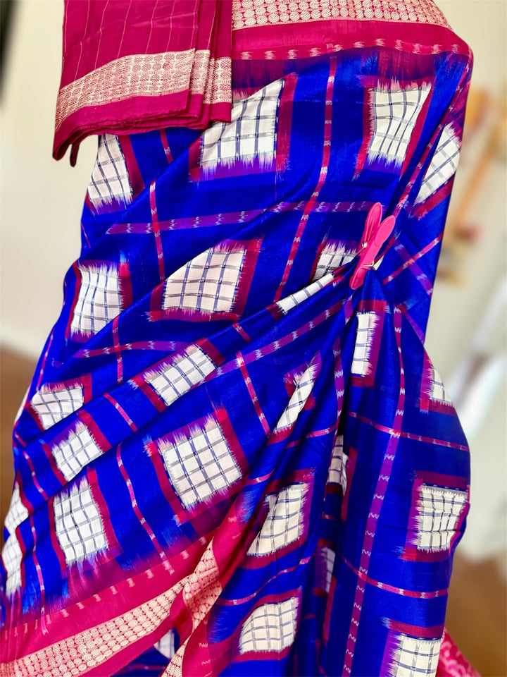 Handwoven Royal Blue Aswini Sambalpuri Double ikat pure silk saree|Odisha Weaves|