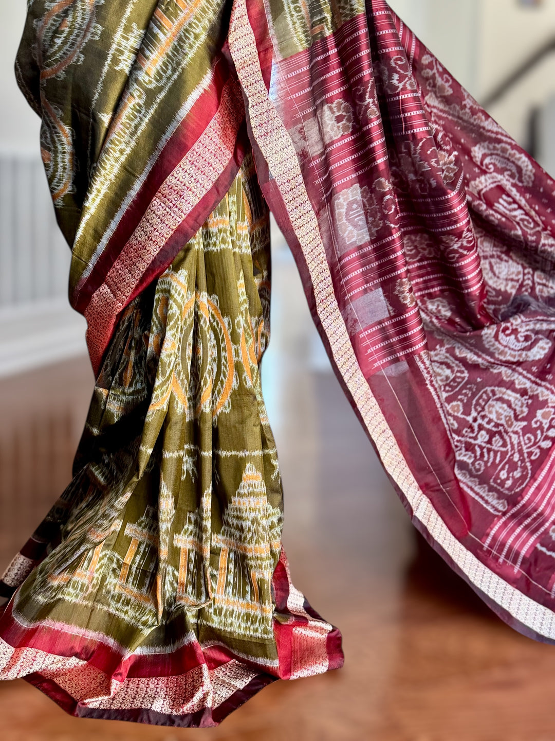 Olive green with maroon handwoven Sambalpuri Ikat Silk saree |Odisha Weaves