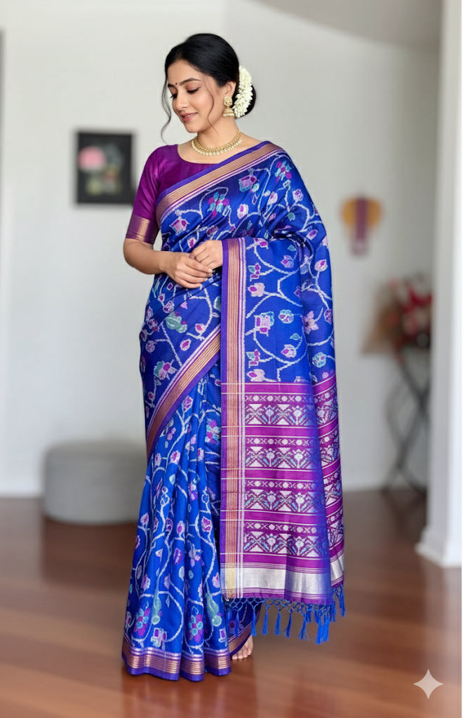 Blue with purple color semi (double) ikat patan Patola pure silk saree