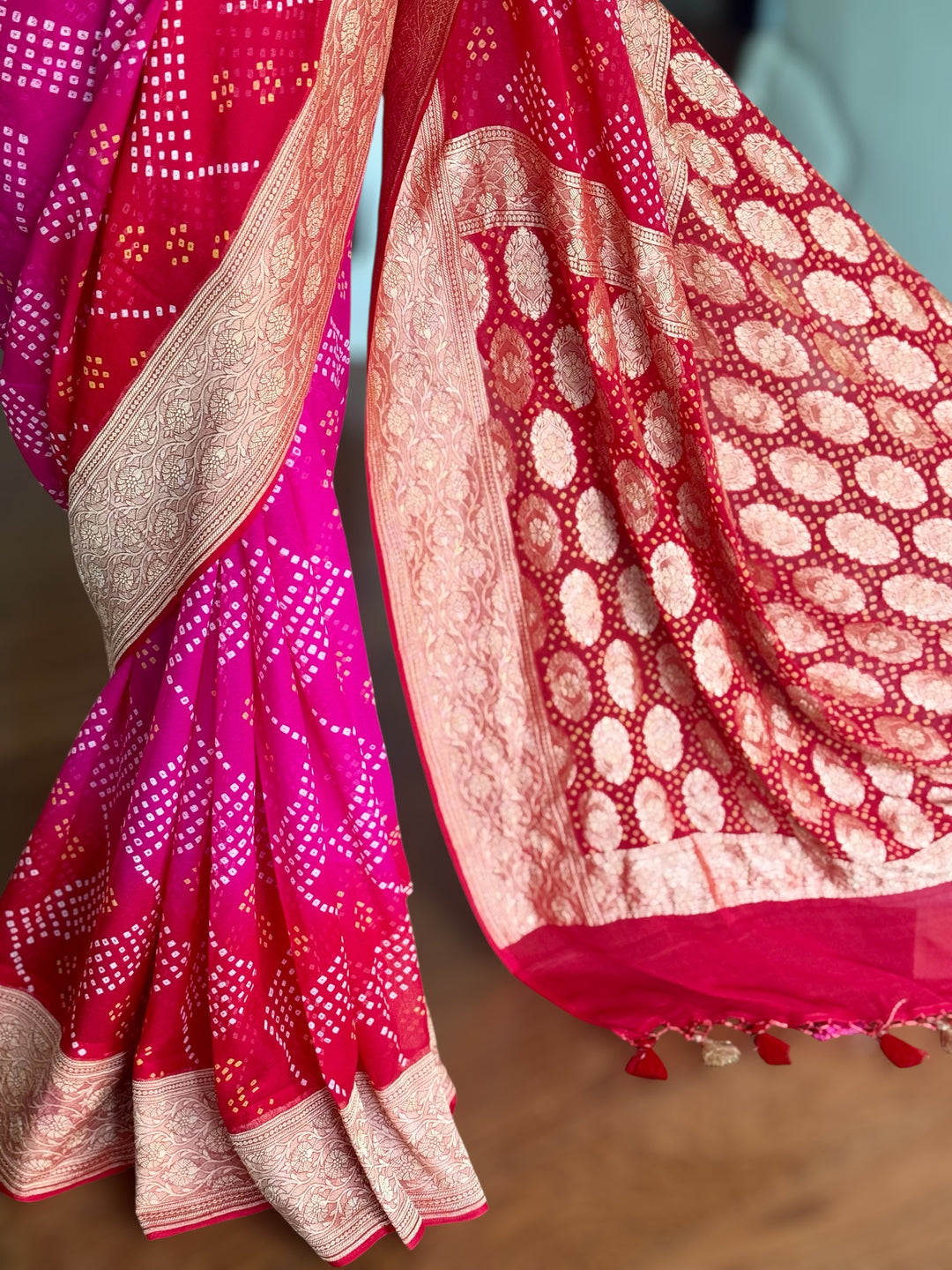 Pink with Red pure khaddi chiffon georgette rai bandhini saree