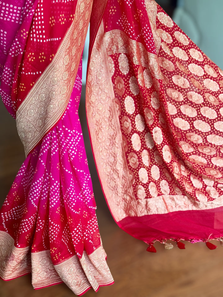 Pink with Red pure khaddi chiffon georgette rai bandhini saree