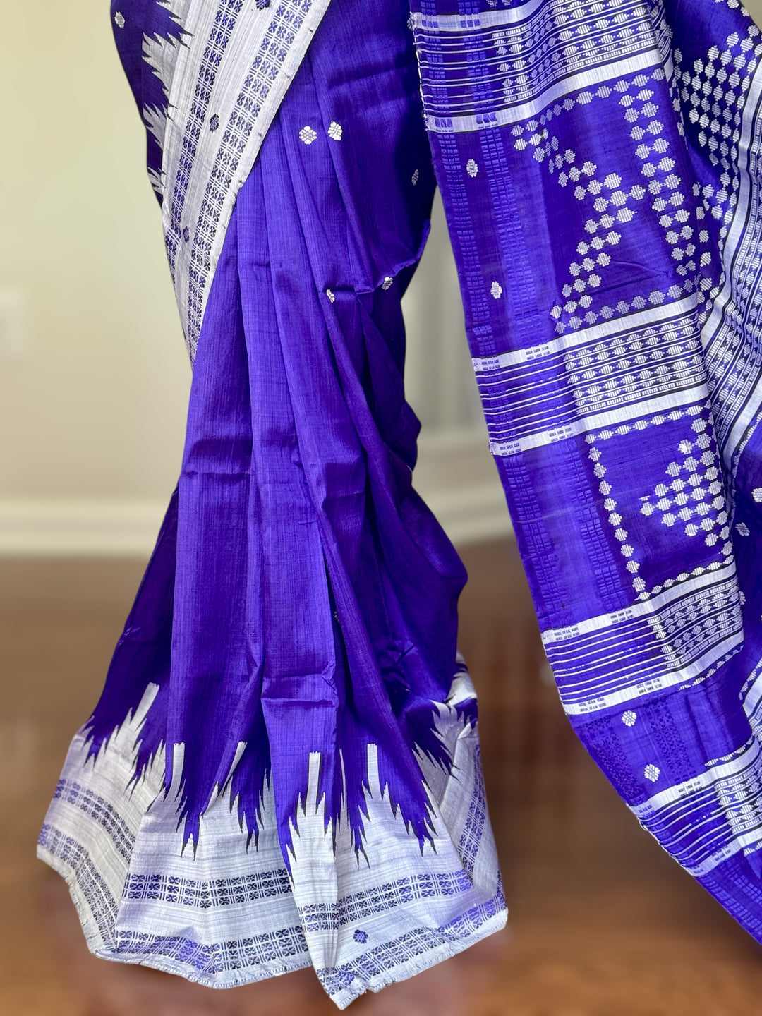 Indigo color traditional weaving Berhampuri Pure Silk Saree with Double pallu