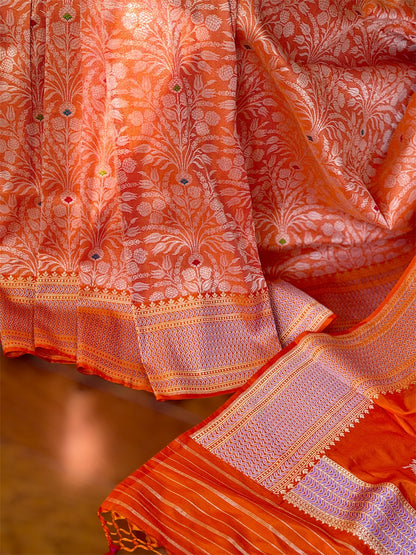 Orange Banarasi handwoven brocade pure silk with Tanchoi meenakari kadhuwa weave saree
