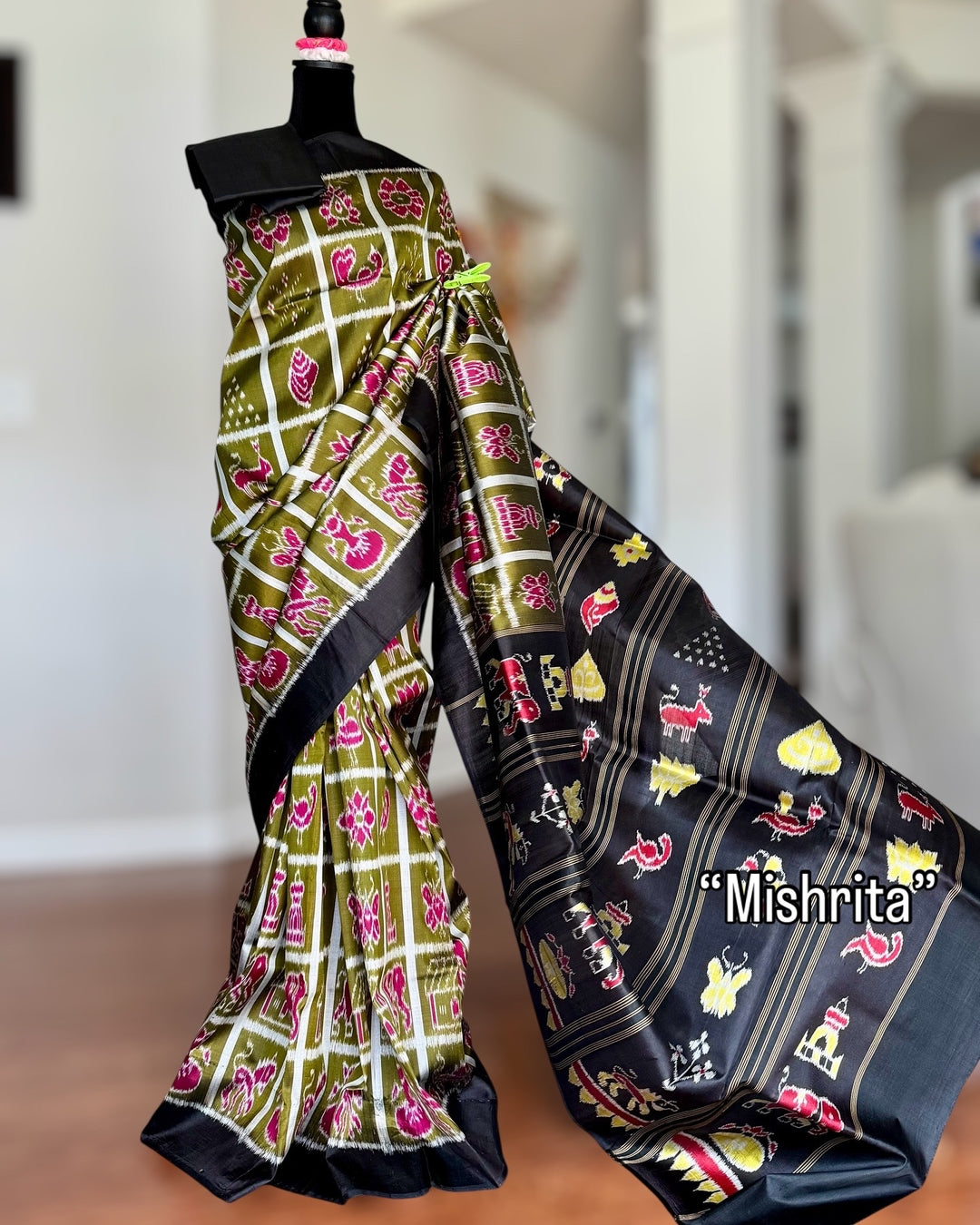 Olive Green Nabakothi Contemporary Ikat Pure Silk Saree|Odisha Weaves|Mishrita