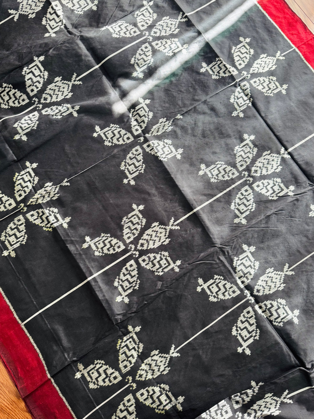 Black color fish motif handwoven ikat pure silk saree|Odisha Weaves|Contemporary Ikat|