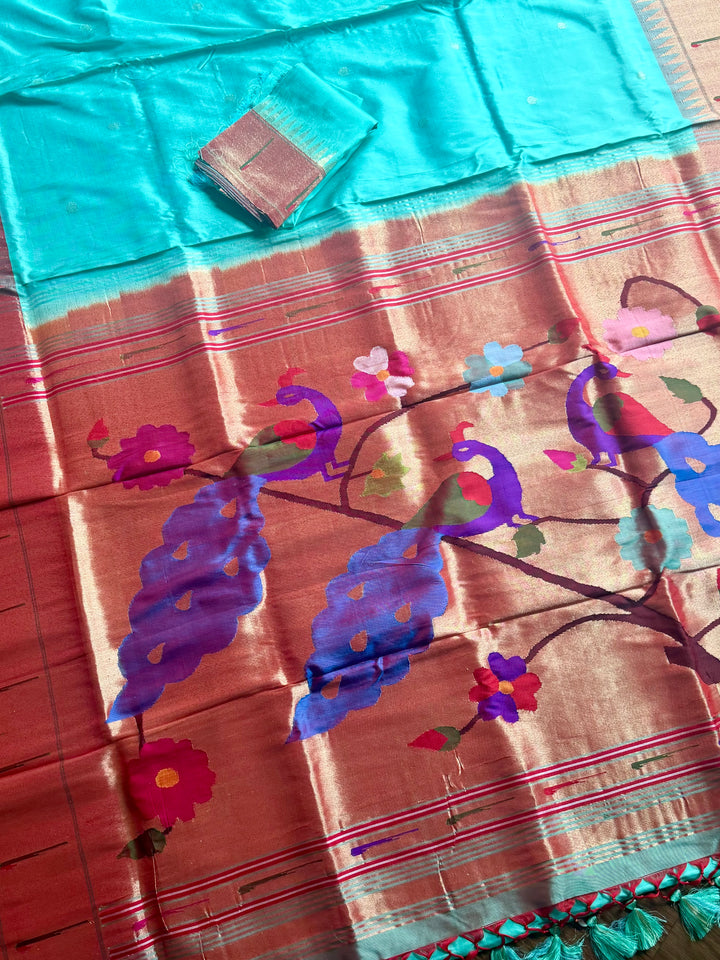 Handwoven Pure Silk Paithani Saree: Peacock Pallu, Aqua Green & Copper Zari