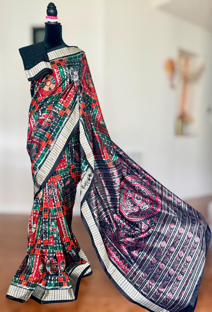Handwoven Utkal Laxmi Sambalpuri ikat pure silk saree, orange pasapali in body|Odisha Weaves