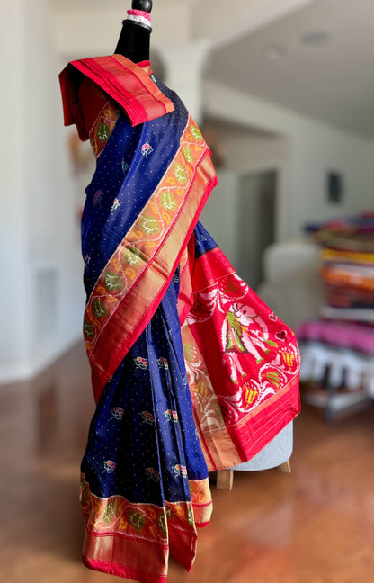 Elephant Pallu night blue with red combination Pochampally ikat pure silk saree