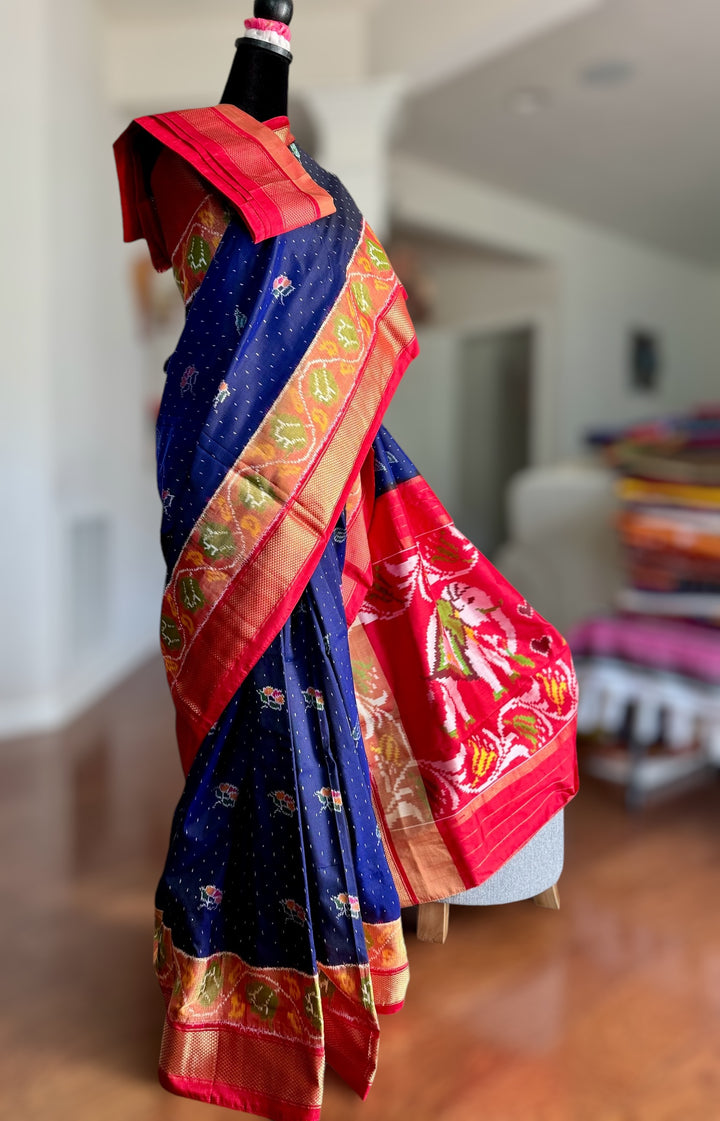 Elephant Pallu night blue with red combination Pochampally ikat pure silk saree