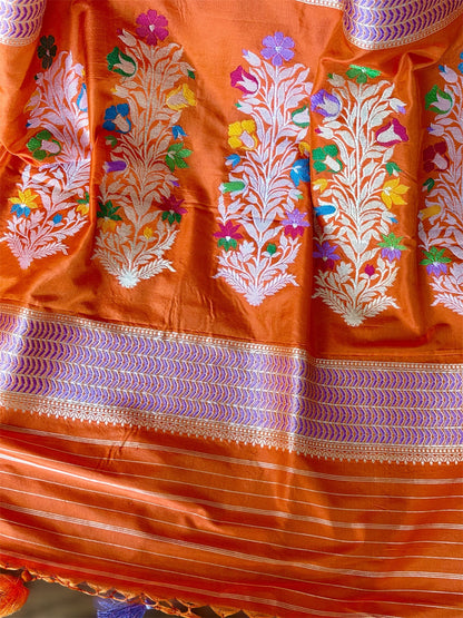 Orange Banarasi handwoven brocade pure silk with Tanchoi meenakari kadhuwa weave saree