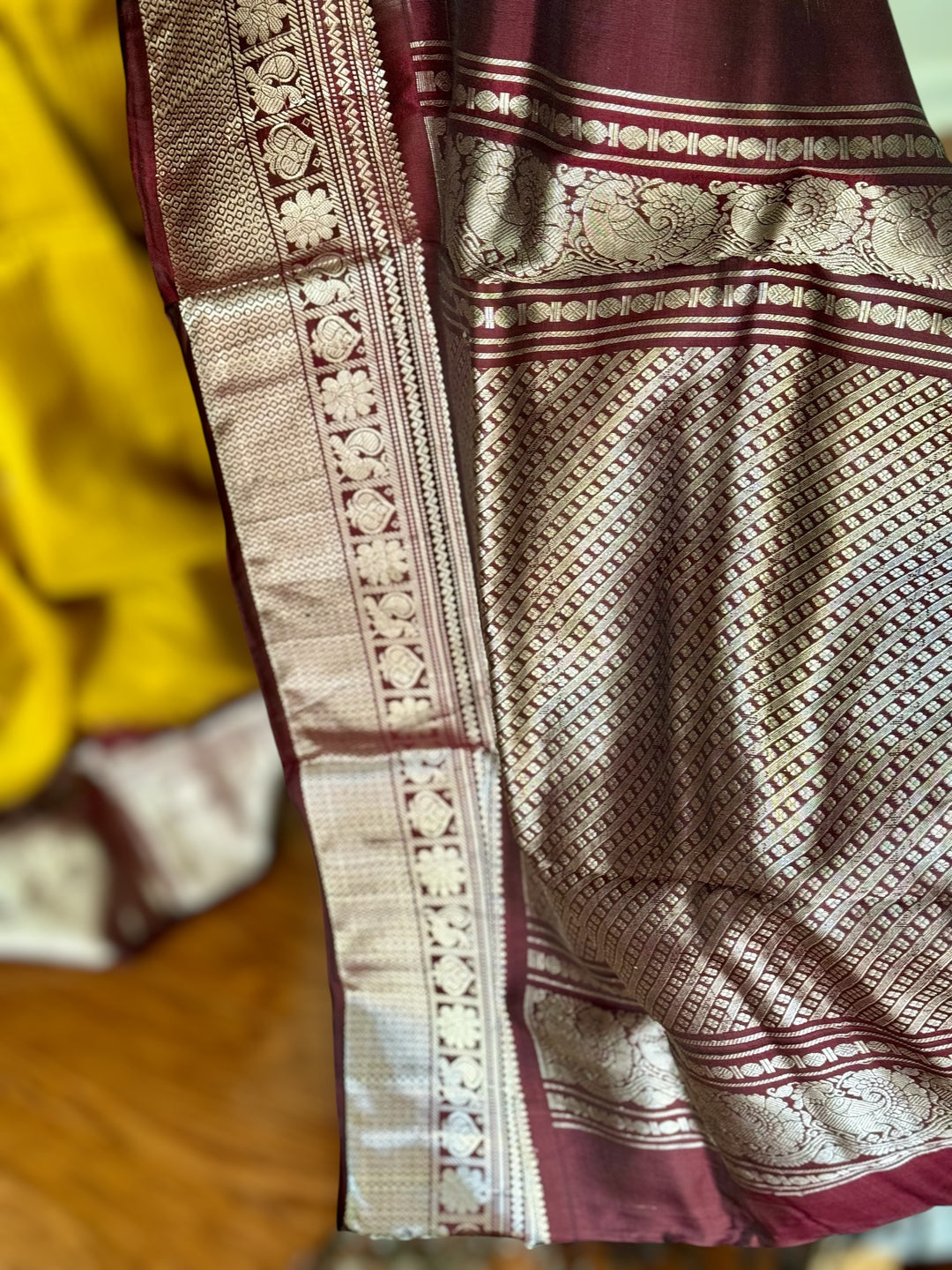Handwoven Kuttu Gadwal pure Silk Saree in honey mustard color with Checks body