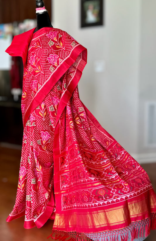 Red color semi (double) ikat patan Patola pure silk saree