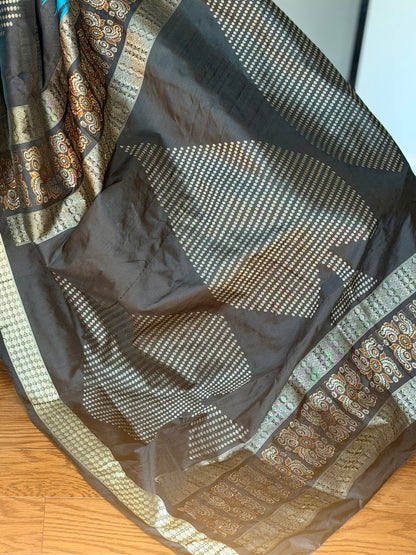 Beautiful Black and blue Handwoven Bomkai Pure Silk Saree –  from Odisha Weaves
