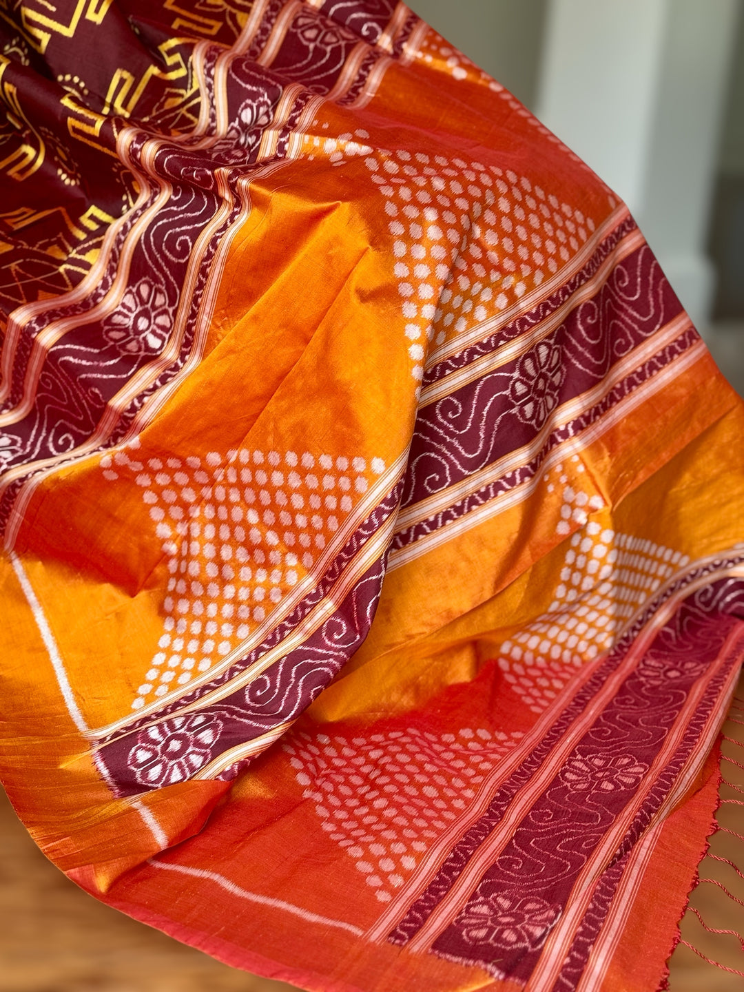 Maroon with yellow color handwoven ikat pure silk saree|Odisha Weaves|Contemporary Ikat|