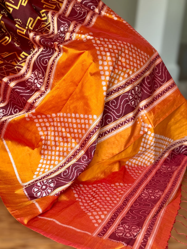 Maroon with yellow color handwoven ikat pure silk saree|Odisha Weaves|Contemporary Ikat|