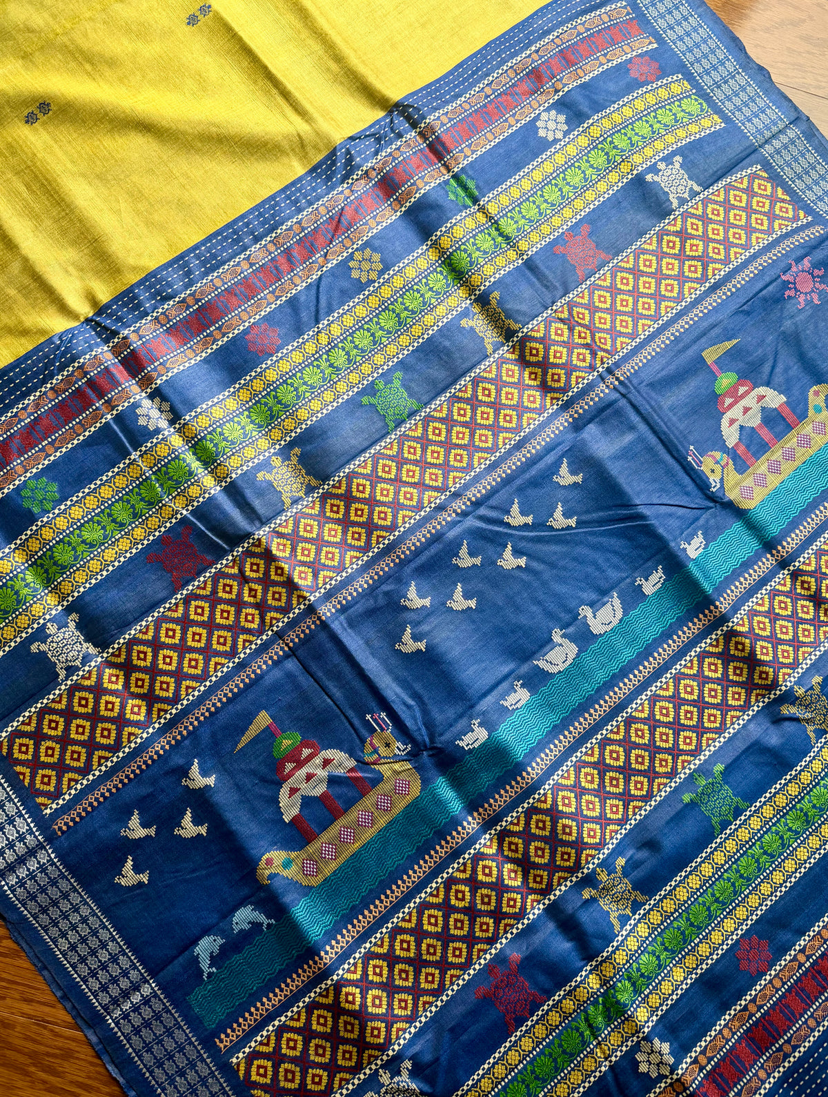 Boita theme handwoven pure Tussar silk saree in greenish yellow and blue color