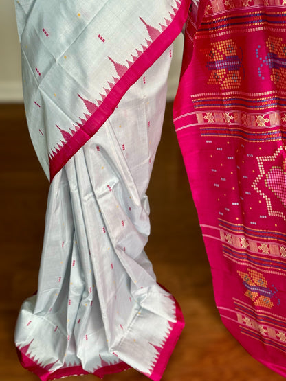 Blueish Grey with Magenta Phoda kumbha Sambalpuri Puri Silk Saree with Dobby weaved Pallu