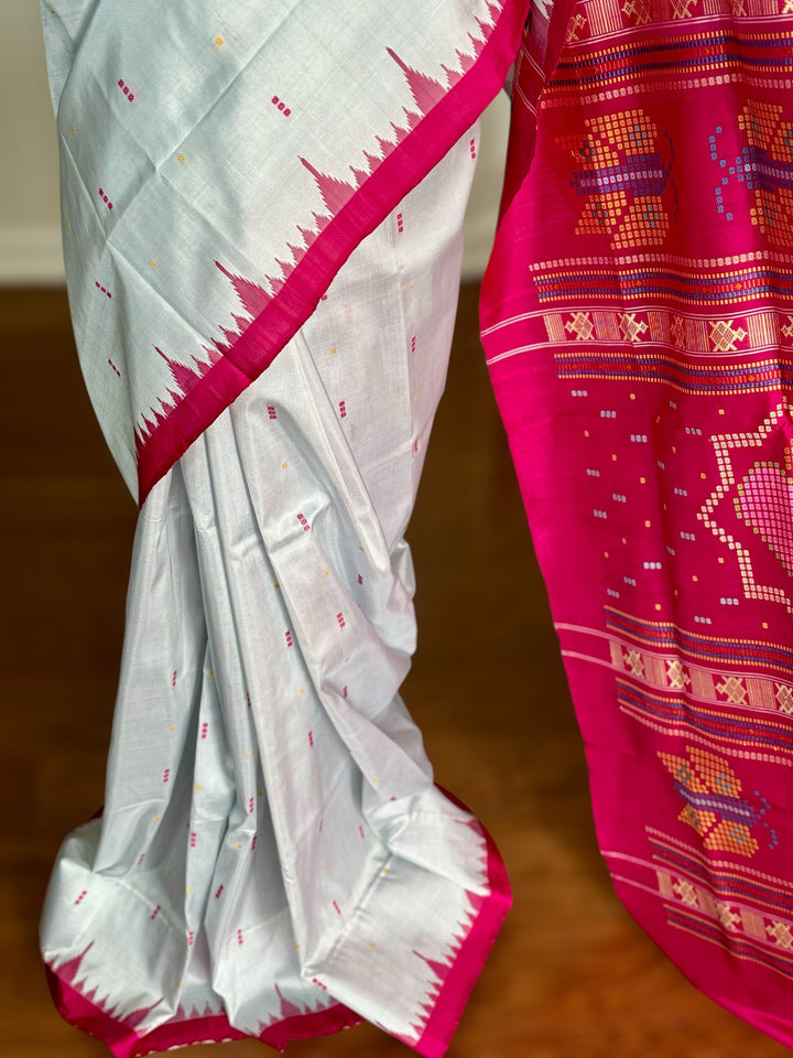 Blueish Grey with Magenta Phoda kumbha Sambalpuri handwoven pure Silk Saree with Dobby weaved Pallu |Odisha Weaves