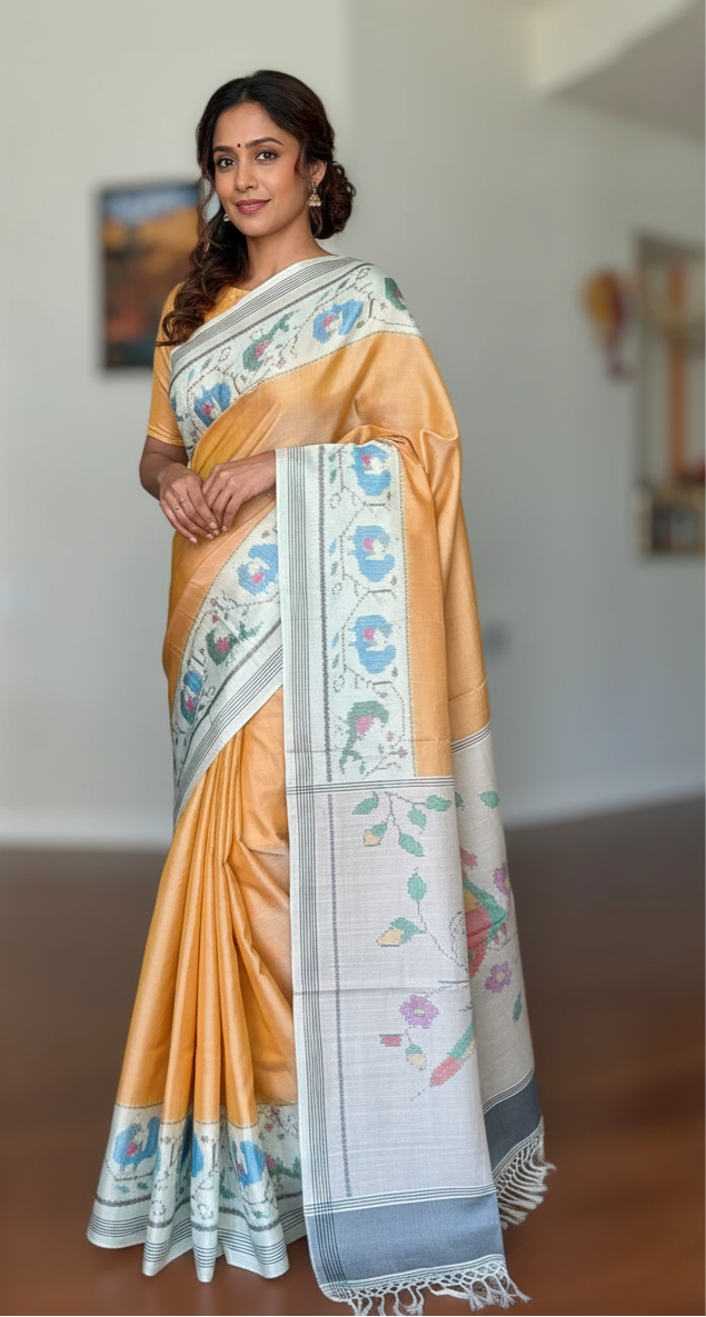 Sandalwood semi (double) ikat patan Patola pure silk saree