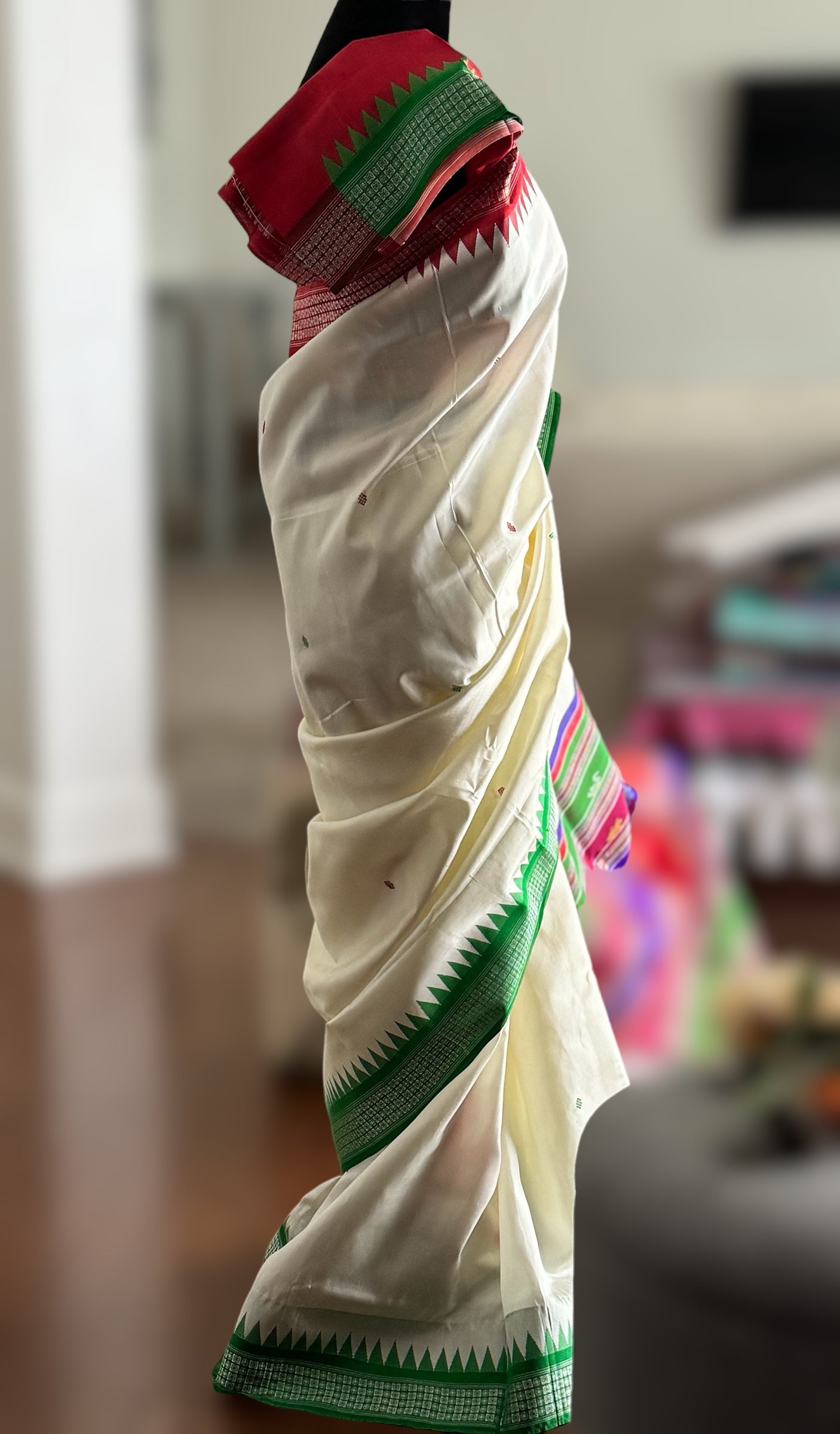 Red and Green Ganga Jamuna Berhampuri pure silk single pallu pure silk saree in white