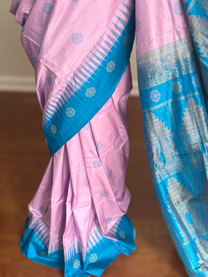 Pale Lavender handoven konark chakra Bomkai Pure silk saree