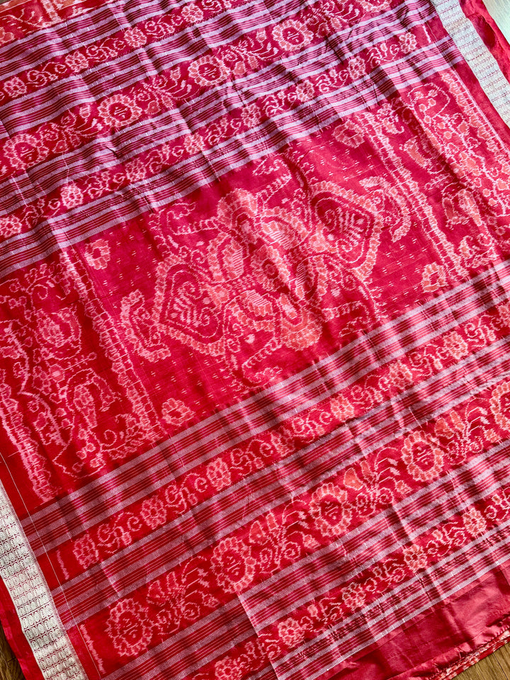 Dark Coral Red handwoven Sambalpuri Ikat Silk saree |Odisha Weaves