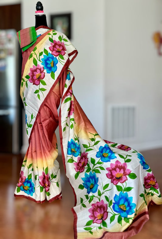 Ombre with beautiful flower design Light weight,Hand painted Pure silk saree| Value Vogue