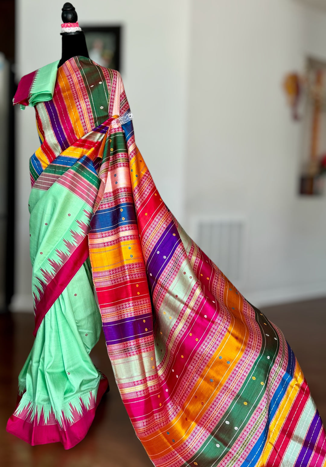 Aqua color Berhampuri Pure Silk Saree with Colorful double pallu