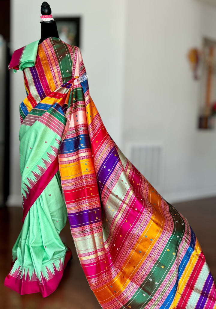 Aqua color Berhampuri Pure Silk Saree with Colorful double pallu