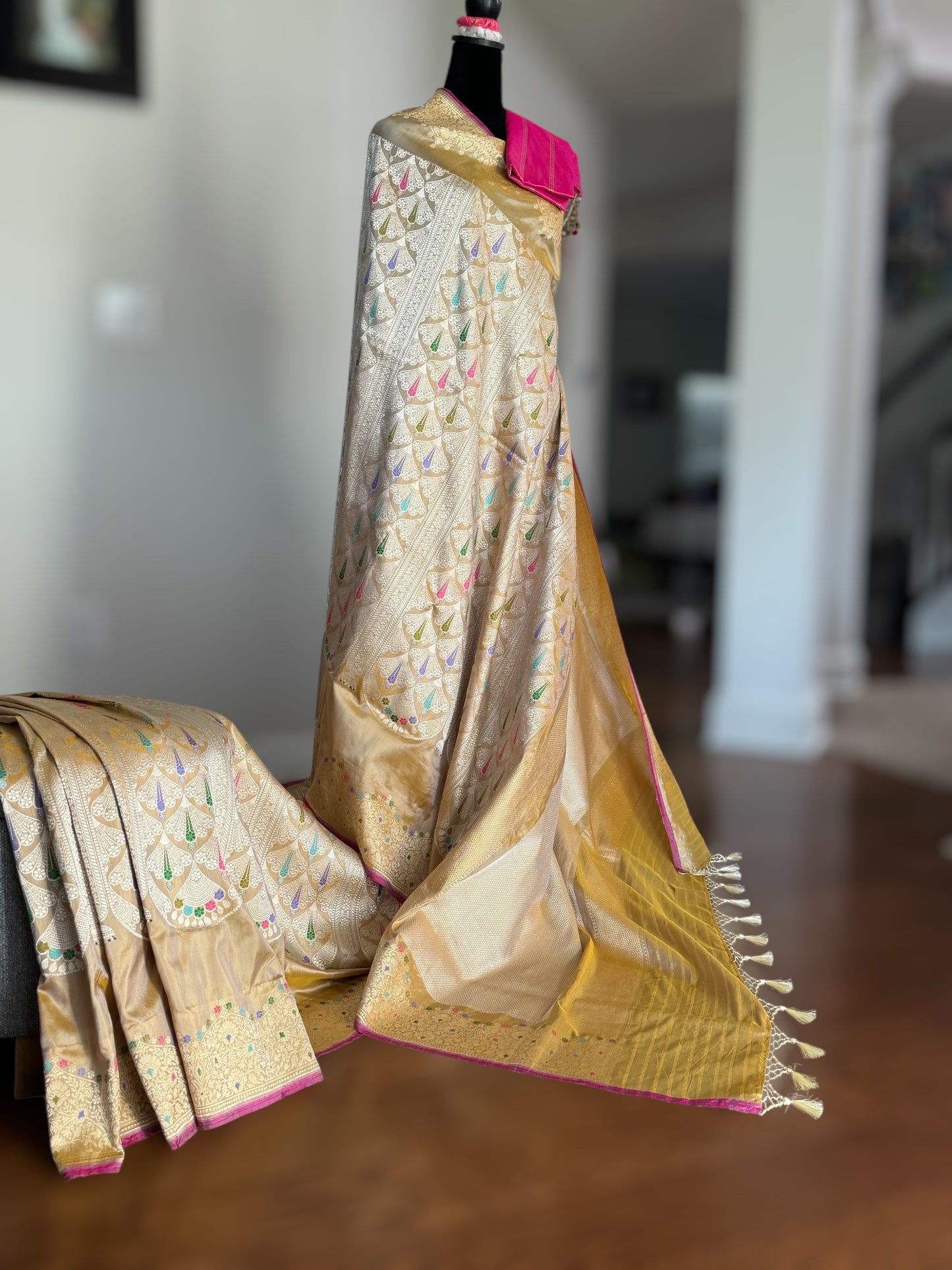 Champagne Color Banarasi ektara weaved pure katan silk saree with Kadhwa Janngla and meenakari work