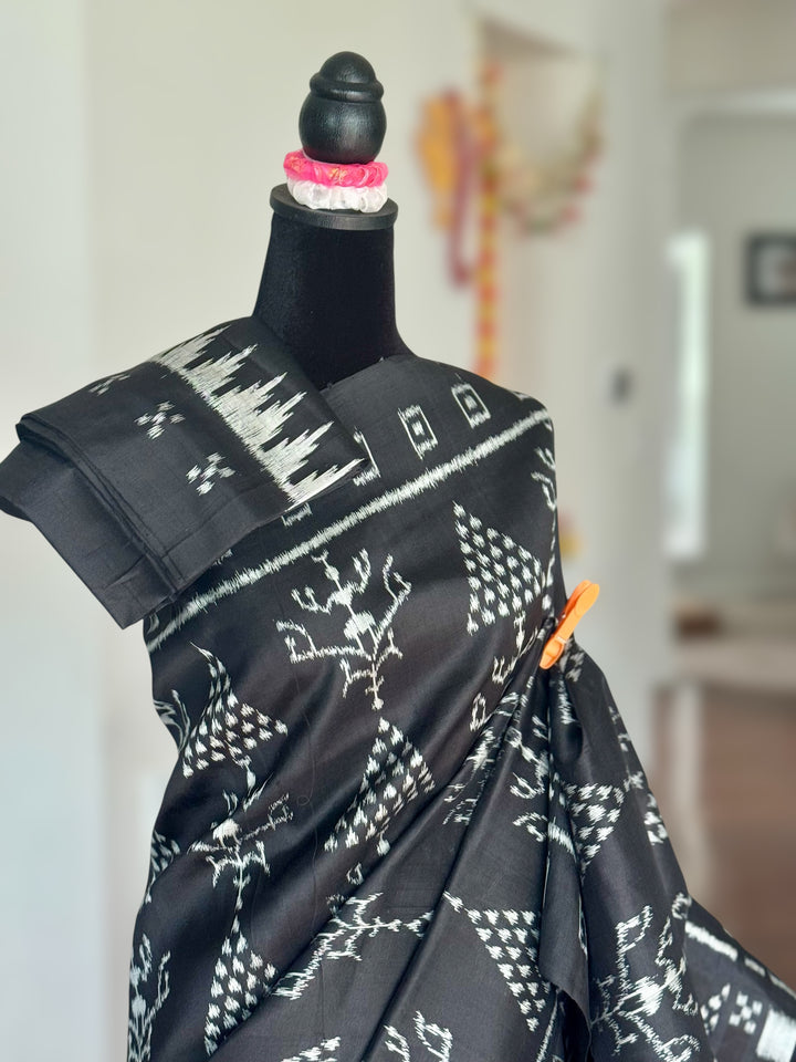 Handwoven Black contemporary ikat Silk Saree from Odisha|Mishrita