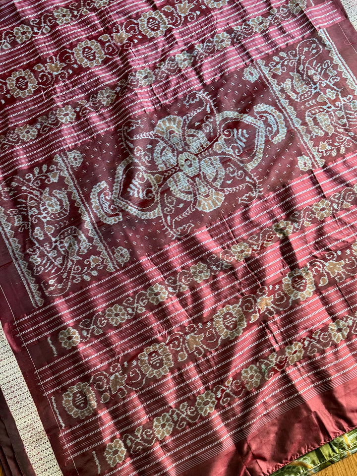 Olive green with maroon handwoven Sambalpuri Ikat Silk saree |Odisha Weaves