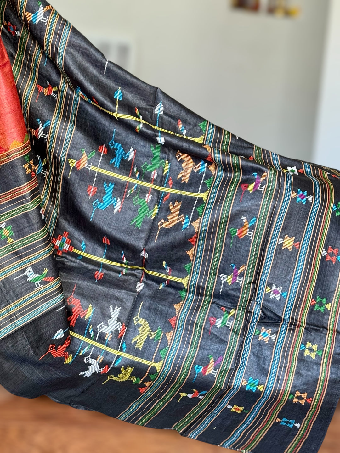 Orangish red Gopalpur Handwoven Tussar Saree with Ganjam Bomkai Pallu - Traditional Indian Saree|Odisha weaves