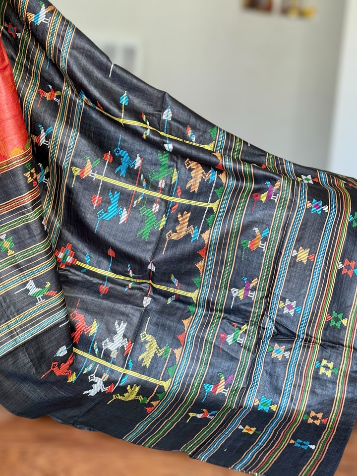 Orangish red Gopalpur Handwoven Tussar Saree with Ganjam Bomkai Pallu - Traditional Indian Saree|Odisha weaves