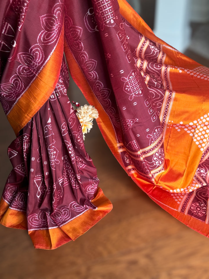 Maroon with orange yellow color handwoven Chita patterned ikat pure silk saree|Odisha Weaves|Contemporary Ikat