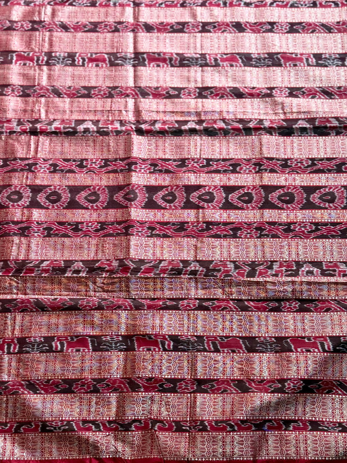 Offwhite (cream) and maroon handwoven Sambalpuri thousand motif pure Ikkat silk saree | Odisha Weaves (Copy)