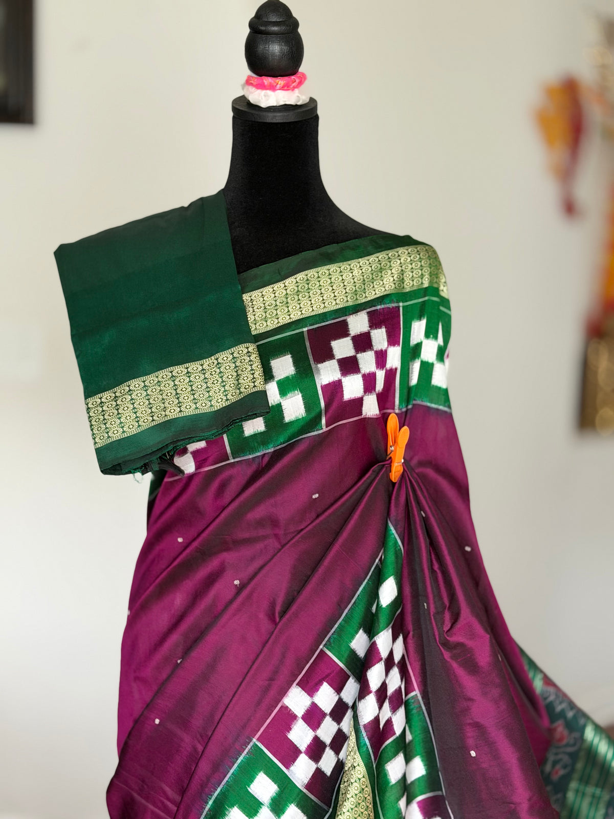 Plum and green combination Sambalpuri pasapali handwoven Ikkat semi-silk saree| Odisha Weaves