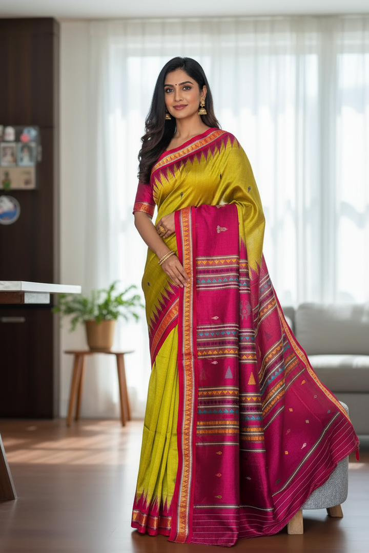 Light green and magenta pink combination Dongria double pallu contemporary ikat pure silk saree