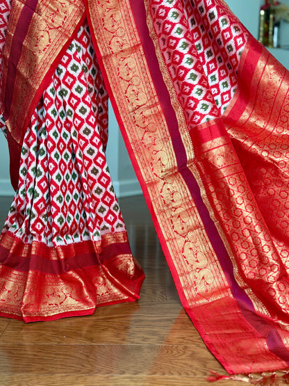 Red Twill Ikkat (Pochampally)handwoven pure silk Saree with Zari Woven Kanchipuram Border