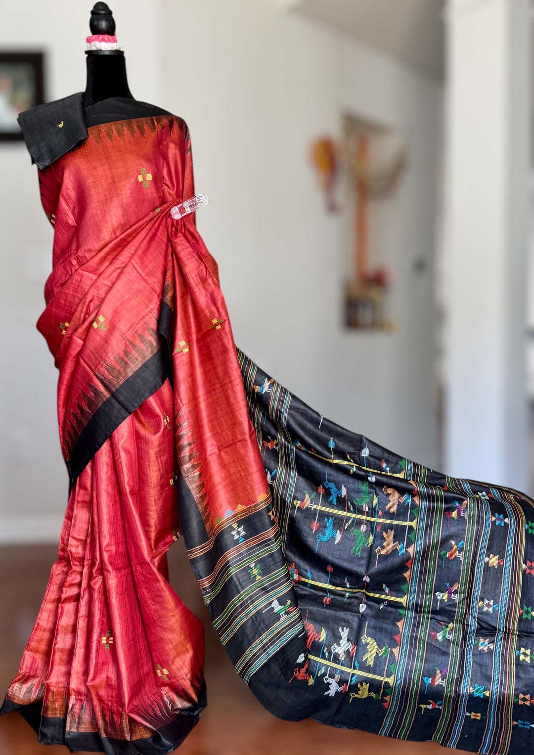 Orangish red Gopalpur Handwoven Tussar Saree with Ganjam Bomkai Pallu - Traditional Indian Saree|Odisha weaves