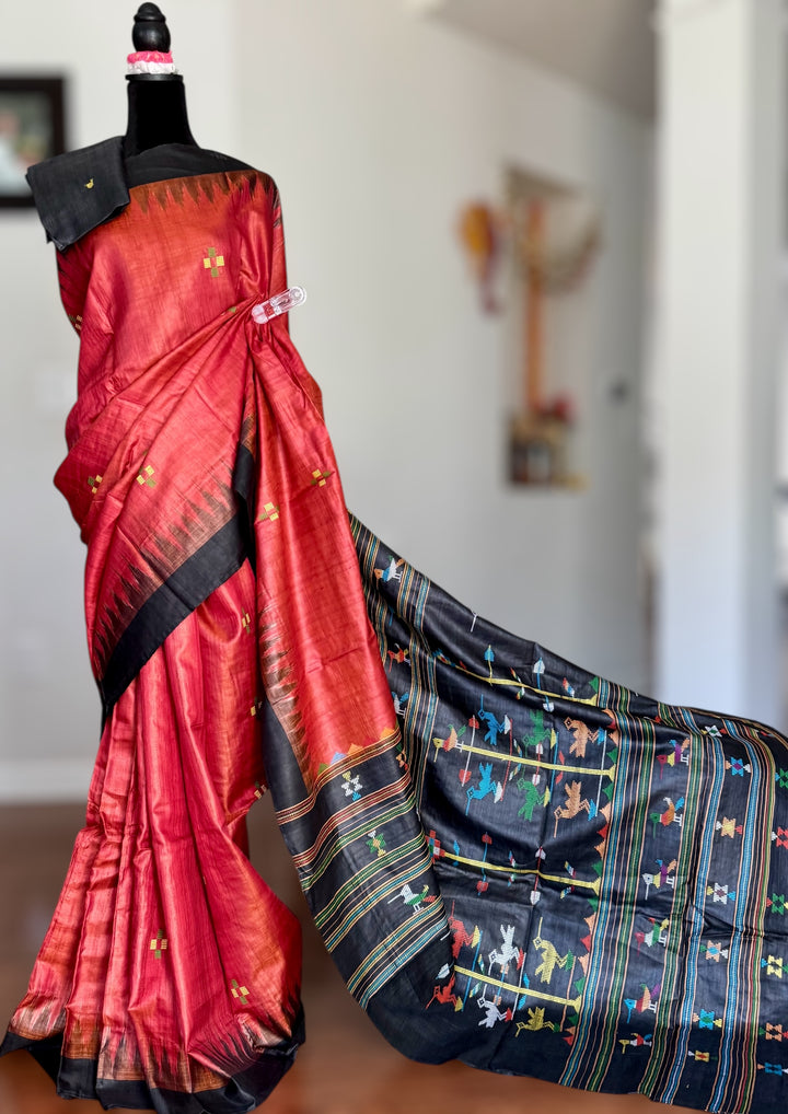 Orangish red Gopalpur Handwoven Tussar Saree with Ganjam Bomkai Pallu - Traditional Indian Saree|Odisha weaves